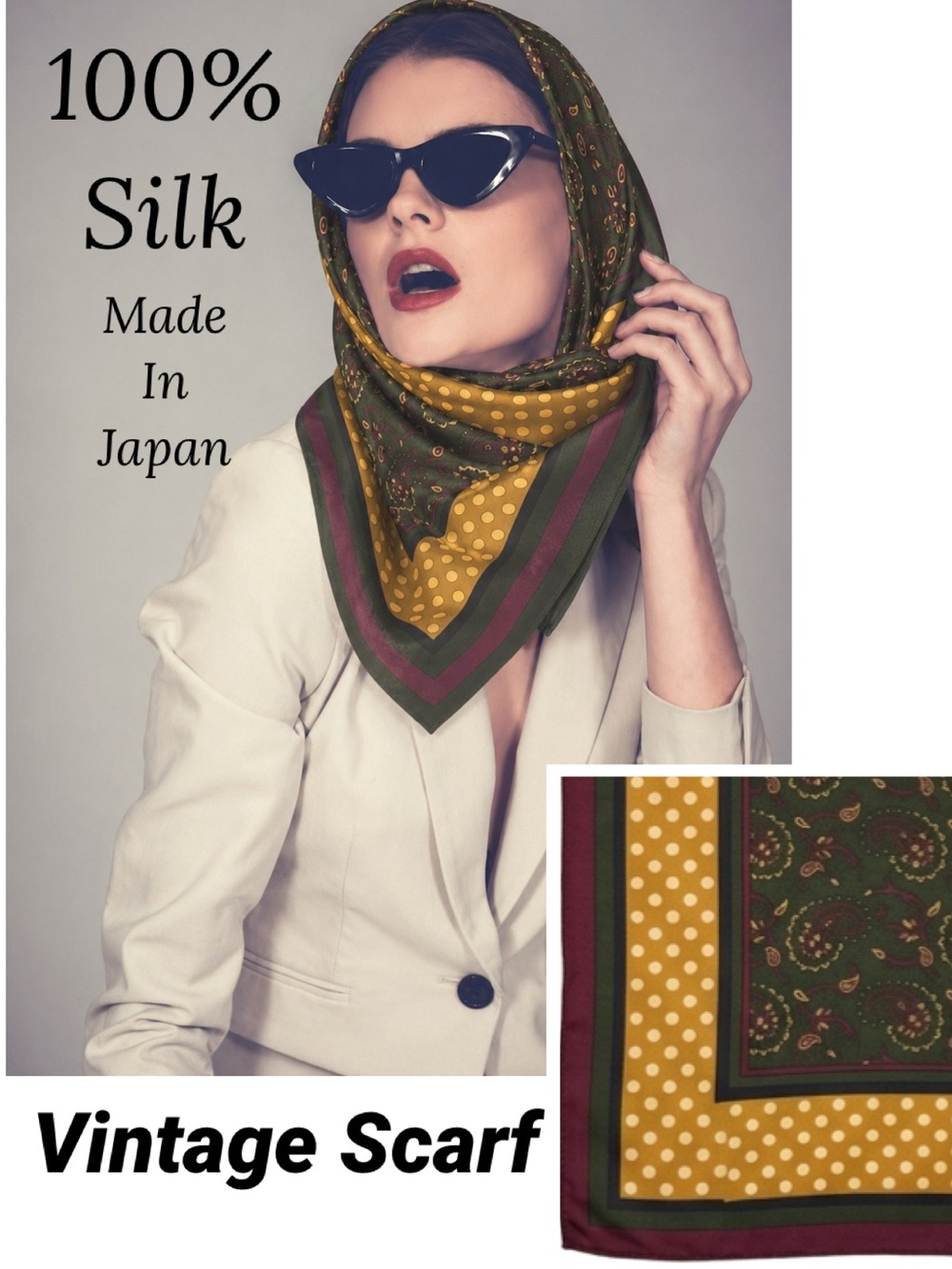 VTG ECHO 100% Silk Scarf Made in Japan Paisley Polka Dot Hand Rolled Hem Foulard